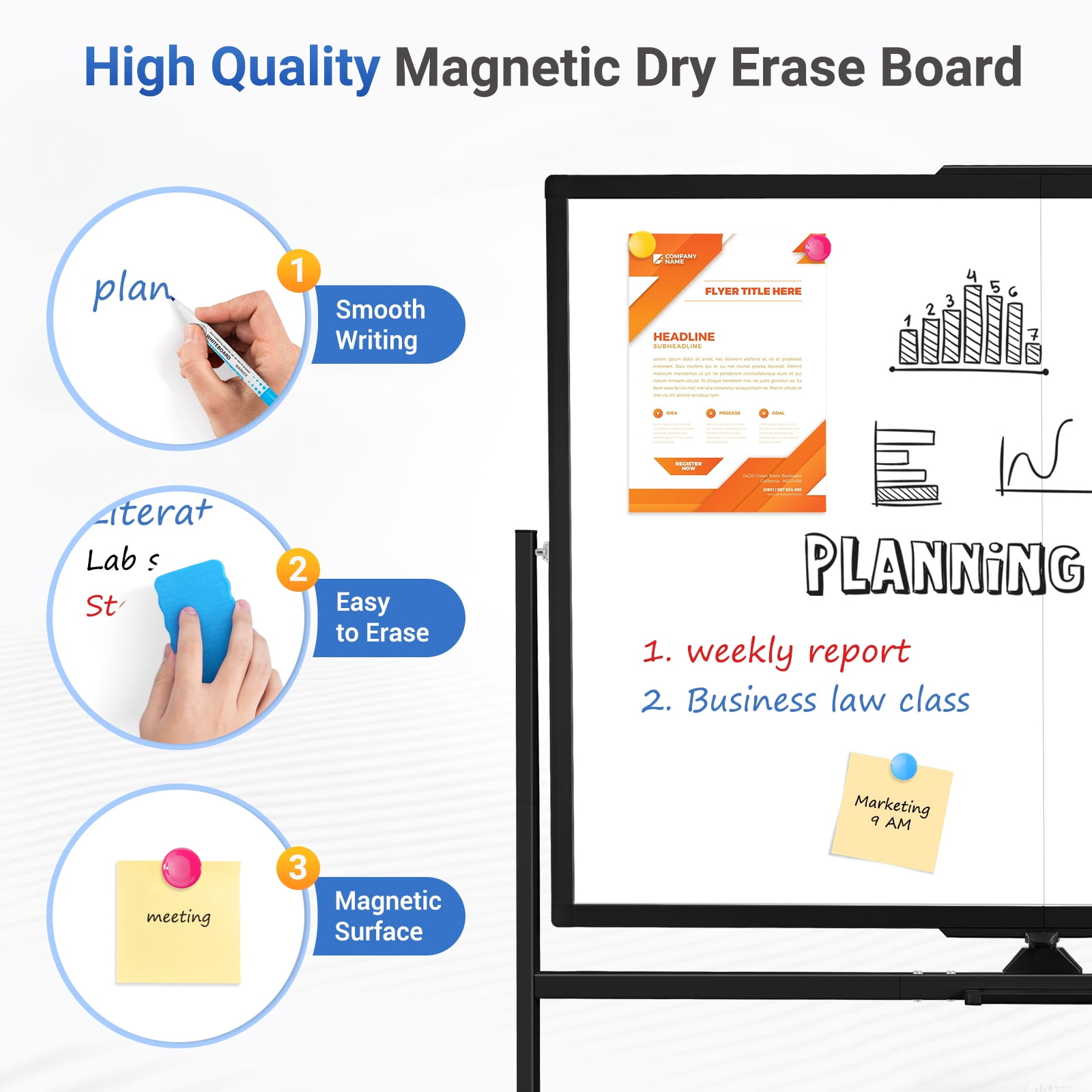 DOLLAR BOSS Rolling White Board Dry Erase Board Rolling 48"x36" Double Sided Large Standing Whiteboard Easel with Wheels Mobile White Board with Stand for Office, Classroom & Home, Black