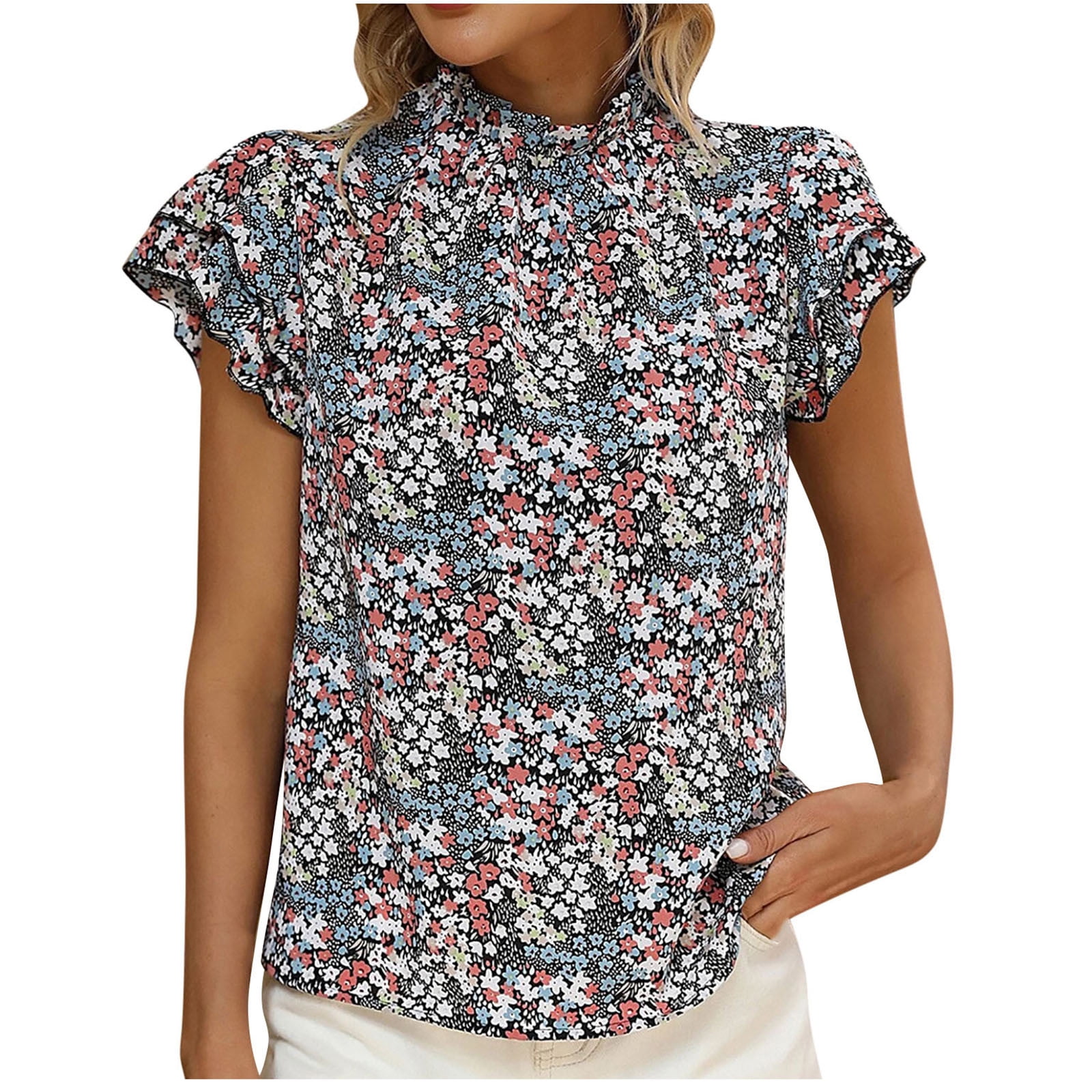 Women s Casual Summer Tops Ruffle Short Sleeve Mock Neck Fashion Floral Boho Beach Tees Blouse Shirts Tunic Tops Walmart