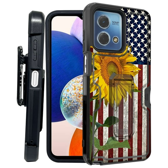 ANJ  Rugged Shockproof Kickstand Hybrid Case with Card Slot and Holster   Tempered Glass Cover for Motorola Moto G Stylus 5G (2023) - American Sunflower