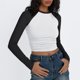thumbnail image 3 of Top de manga larga slim fit con bloques de color para mujer: ligeramente corto, camisas informales elásticas de mezcla de poliéster, 3 of 6
