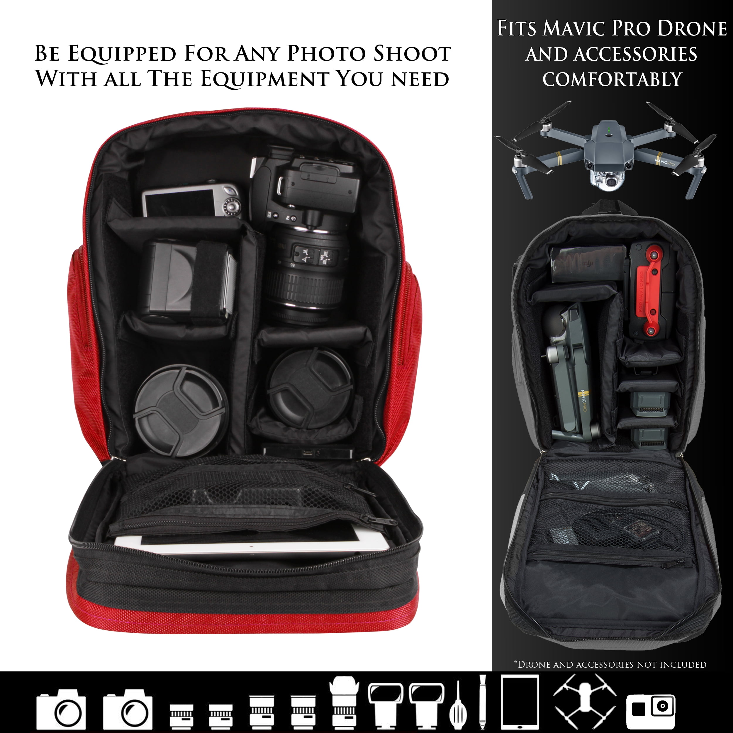 Sporty Outdoor Nylon Backpack Bag for DSLR Compact Cameras, Drones, Camcorders, Sports Action Camers, And Portable Printer Organizers (Red)