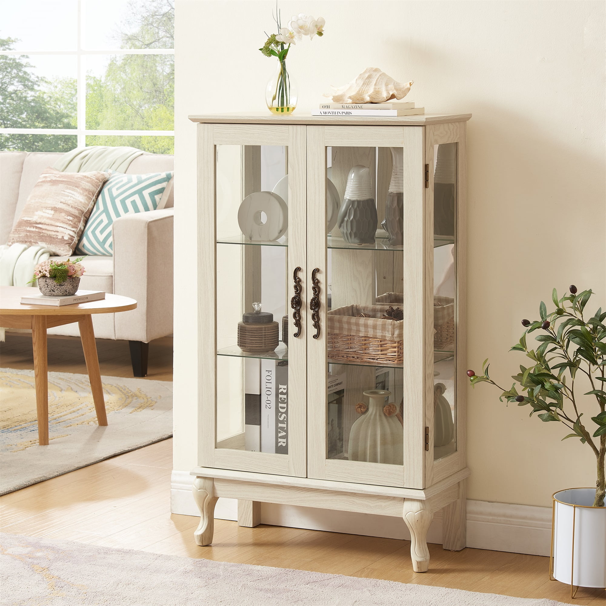 Miniyam Curio Display Cabinet with Light, Tempered Glass Doors, Adjustable Shelves, White