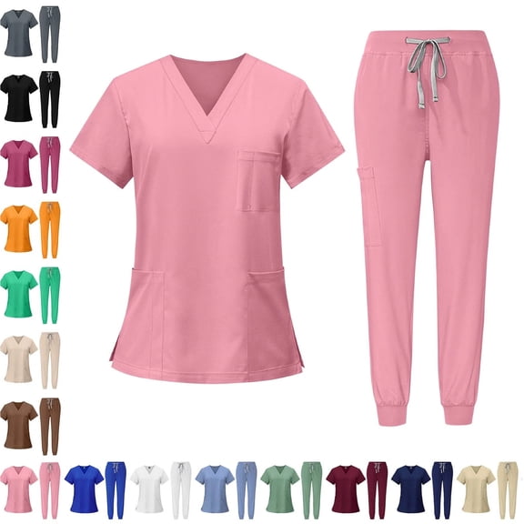 Women’s Essential Jogger Set – Stretch V-Neck Scrub Top & multi-Pocket Pant, Lightweight Nursing Uniform Pink XXL