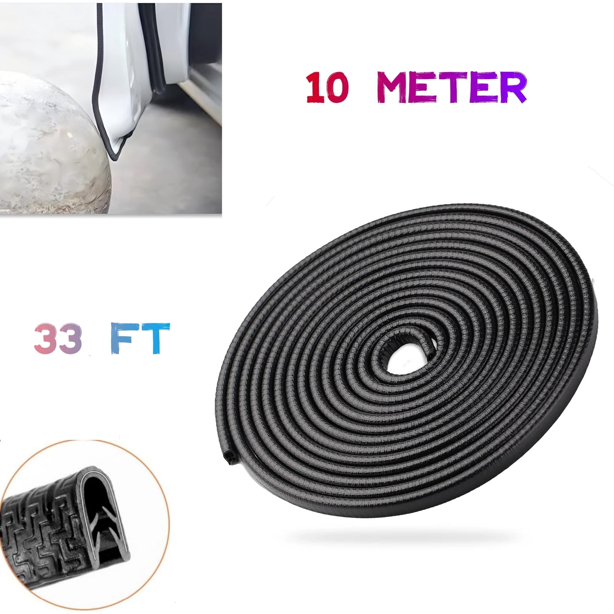 TVTUTPWY 33FT/10m Universal Invisible Car Door Edge Guard Protector, U Shape Seal Rubber Corner Trim, Vehicle Protective Strips (Black) ﻿