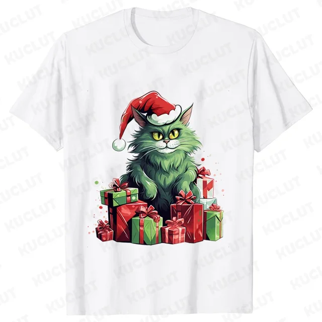 Señora Año Nuevo manga corta lindo gato estampado Tops moda mujer camisetas camisa tendencia gráfico Navidad regalo ropa femenina camiseta