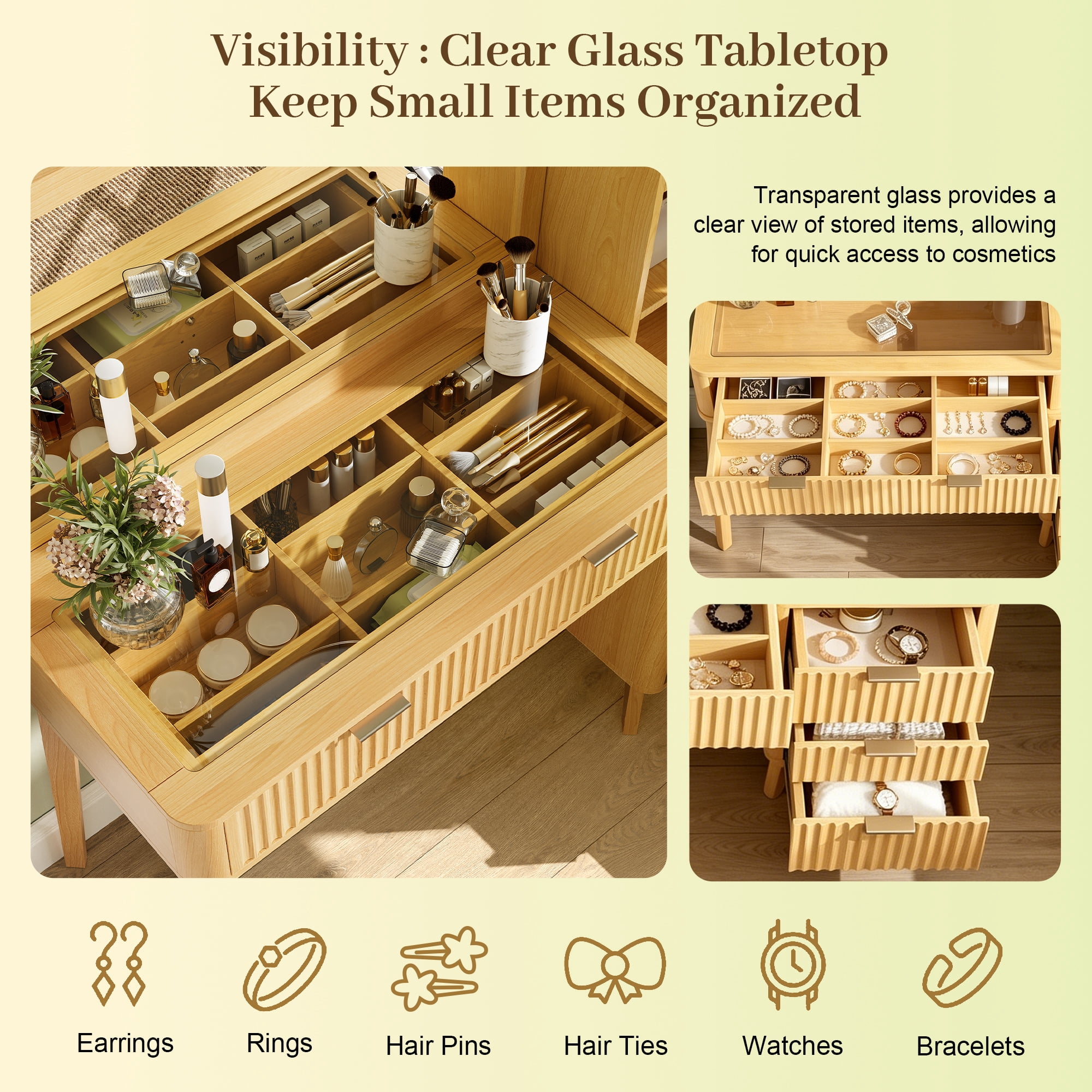 Euroco Fluted Makeup Vanity Desk with Mirror, Modren Vanity Table Set with Glass Top, 4 Drawers,Charging Station & Storage Cabinet,Dressing Table for Women and Girls, Bedroom,Natural