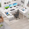 thumbnail image 2 of U Shaped Desk with Power Outlets & LED Lights & Monitor Stand, 126" Reversible Shaped Large Computer Desk with Storage Bag and Hooks, White, 2 of 7