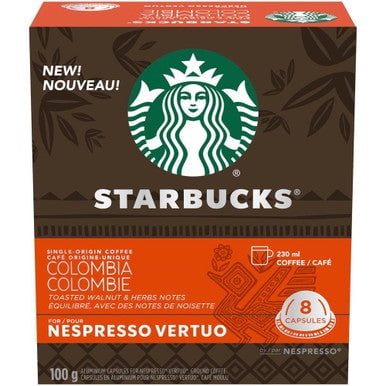 Starbucks Single Origin Colombia Medium Roast Coffee, Capsules for Nespresso Vertuo, 8 count, 100g/3.5 oz. Box {Imported from Canada}