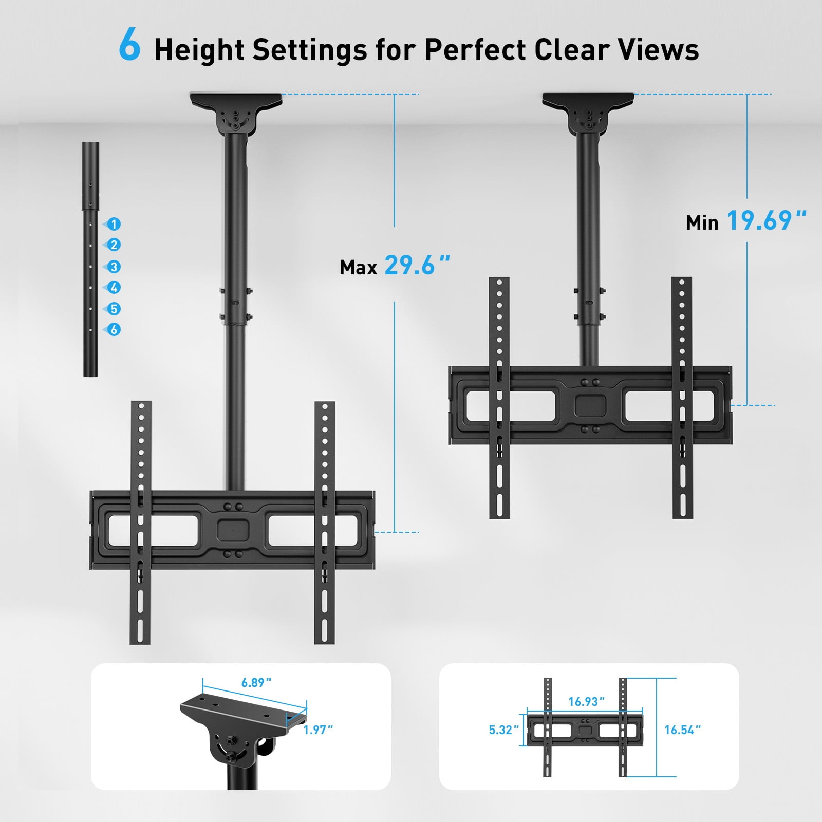 MountFTV Ceiling TV Mount for 26-70 inch TVs ,Holds up to 110lbs, Max 400x400mm, 6 Adjustable Height Setting Full Motion Hanging TV Wall Mount Bracket