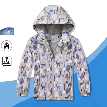 Rhuody Coats For Boy 9-12 Years Autumn Long Sleeve Hooded Cartoon Prints Lightweight Hiking Windbreaker Rain Jacket Retro Wear
