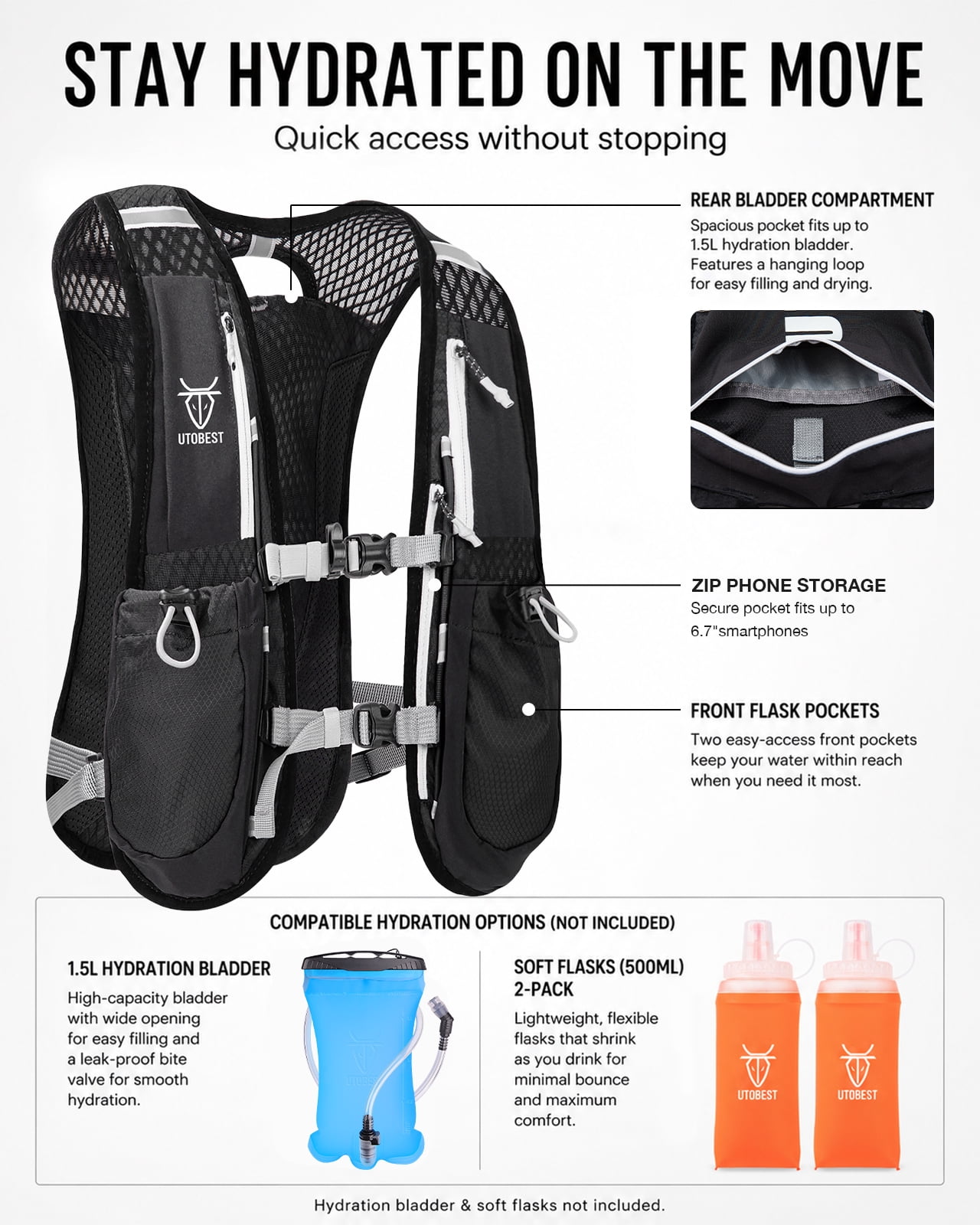 UTOBEST Running Backpacks Lightweight Hydration Pack Functional Running Vest 5L