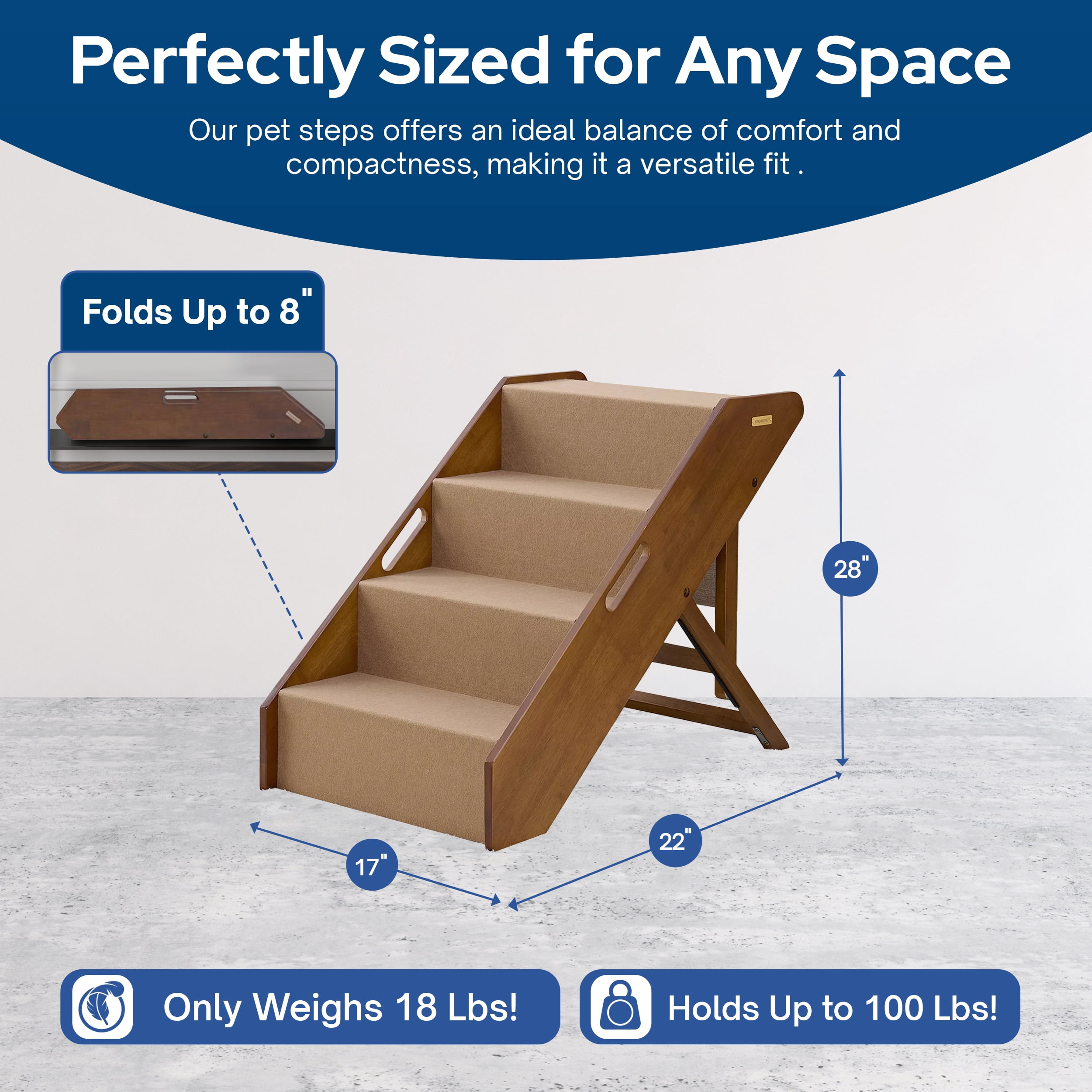 MECO Stakmore Foldable Pet Steps with Solid Fruitwood Construction, w/Brown Felt