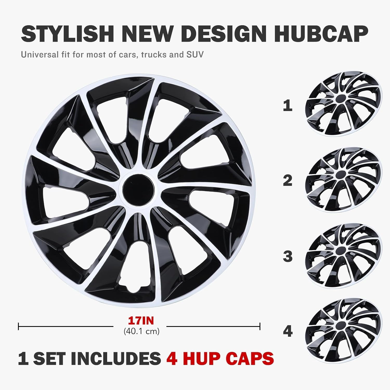 4-Pack 17 inch Wheel Rim Cover Hubcaps,Special Design Fashion Shape Replacement Hubcaps,Car Truck SUV Wheel Hub Accessories(White Lacquer& Black Lacquer)