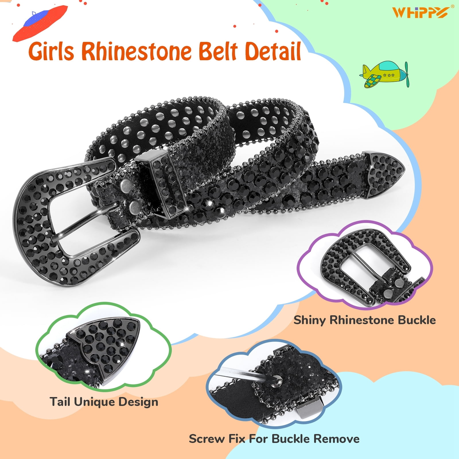 WHIPPY Kids Rhinestone Western Belt for Girls Boys, Studded