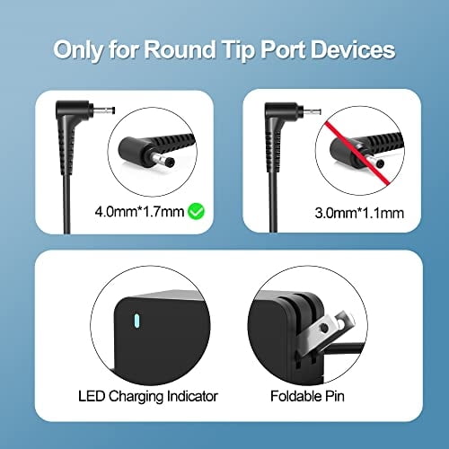 cargador de ca dexpt para lenovo yoga 710 310 510 530 720 65w 45w negro — adaptador negro con conector de punta redonda 4.0mm x 1.7mm en ángulo recto, indicador LED en la carcasa y clavija plegable; a menudo usado como cargador de reemplazo portátil para viajes.