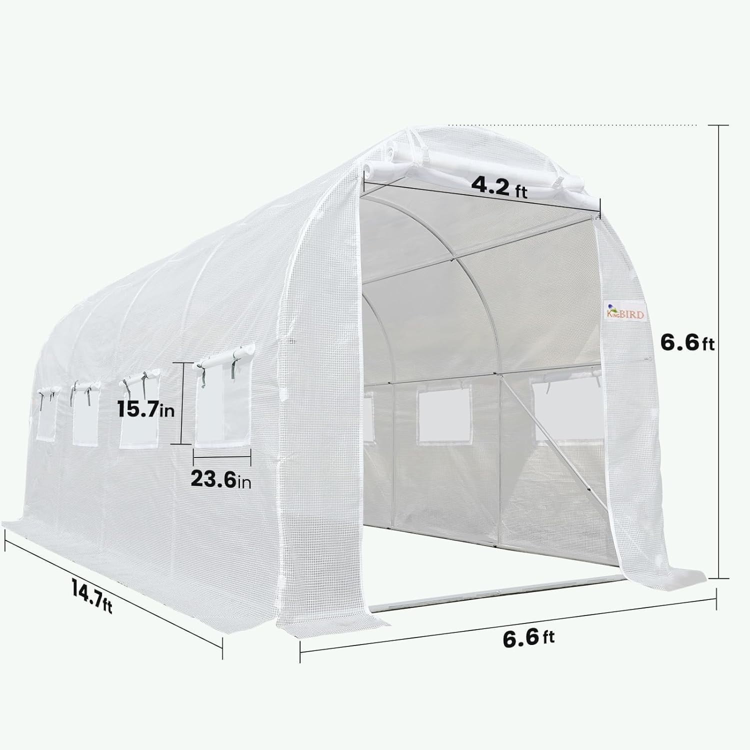 KING BIRD 15x6.6x6.6FT Large Walk-in Greenhouse Upgraded Heavy Duty Galvanized Steel Frame 2 Zippered Screen Doors 8 Screen Windows Tunnel Garden Plant Hot Green House White