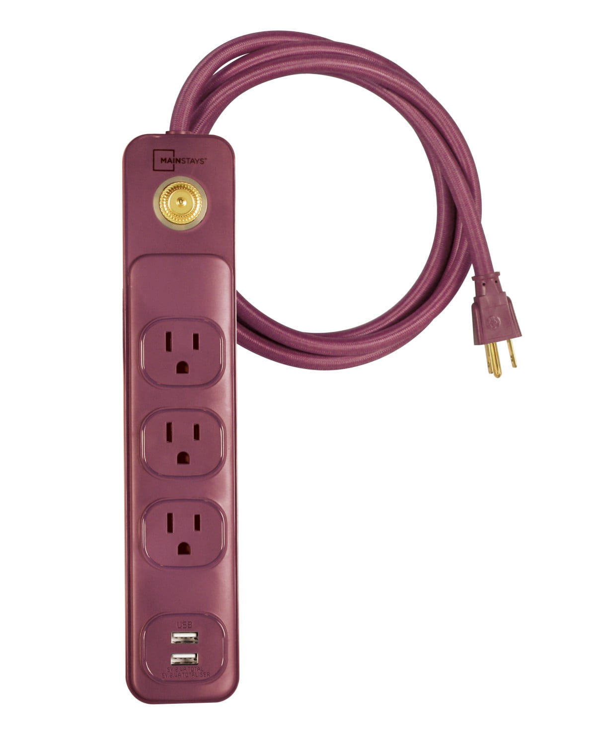 Mainstays 6' 14/3 SJT 3-Outlet Red Burgundy Retro Design Power Strip W/ 2 USB Ports