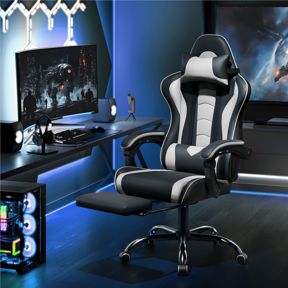 Alden Design Ergonomic High Back Gaming Chair with Massage Lumbar Pillow, Black/White