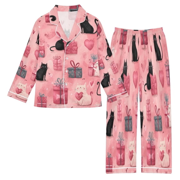 DIXRUYEE Satin Pajama Set Pink Cat and Gift Bonanza Printed