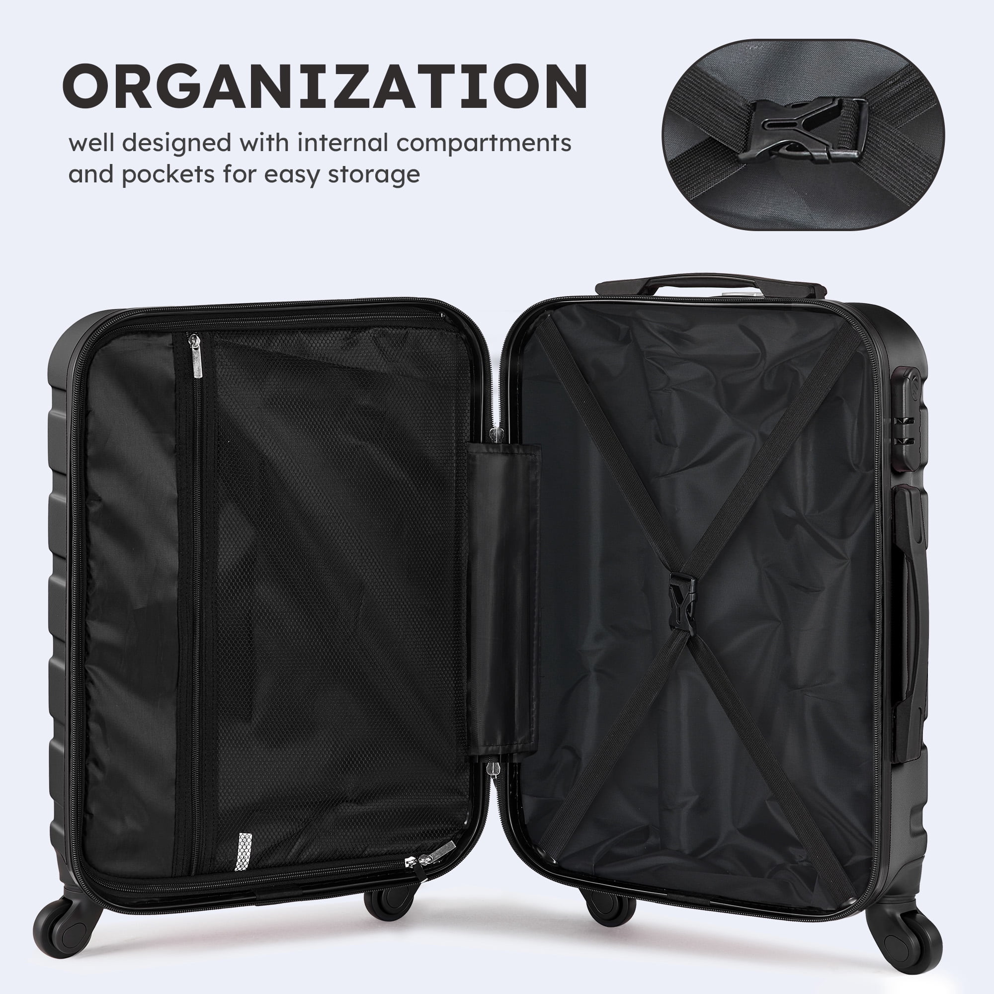 4 Piece Luggage Set 16/20/24/28 inch Hardside Lightweight Suitcase with Spinner Wheels (Black)