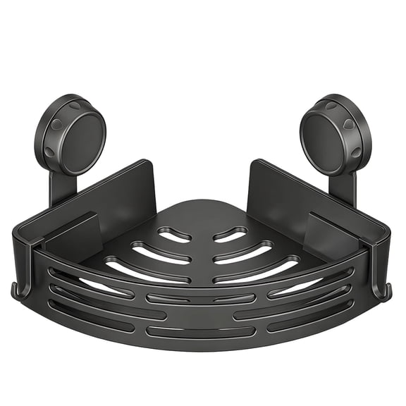 Elegant Black No‑Drill Corner Shower Shelf – Suction Cup Bathroom Caddy with Hooks, 11.6" Wide Wall Organizer, Space‑Saving Storage for Shampoo, Soap & Loofahs