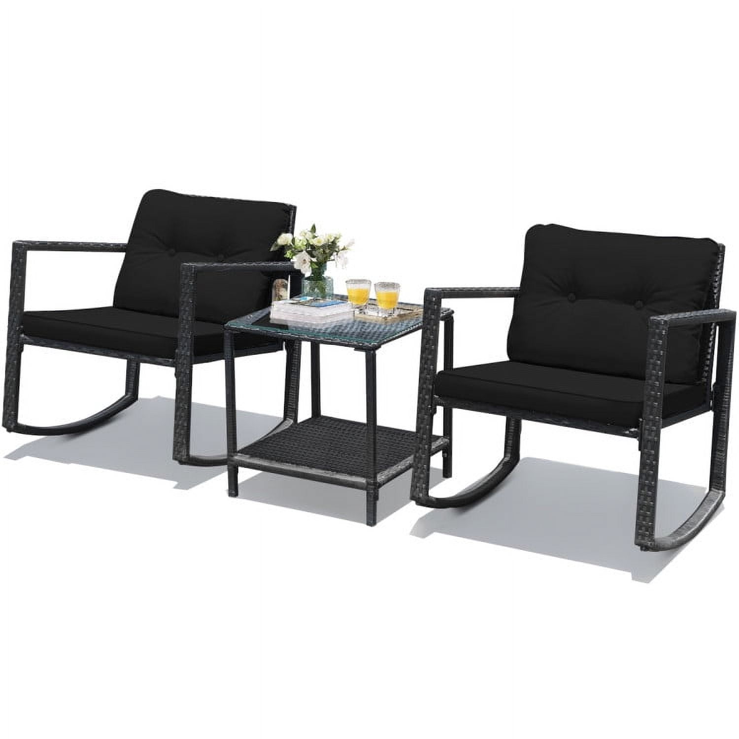 Aimee Lii 3 Pieces Patio Rattan Set Rocking Chair, Balcony Chairs, Small Patio Set, Black Aimee Lii 3 Pieces Patio Rattan Set Rocking Chair, Balcony Chairs, Small Patio Set, Black