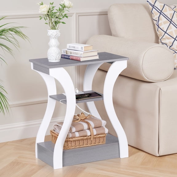 WSSYzyzf 3-Tier End Table with Outlets and USB Ports, Gray Side & Bedside Table for Storage