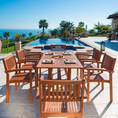 - Malibu Eco-Friendly 7-Piece Wood Outdoor Dining Set with Rectangular Curvy Table and Stacking Chairs V187SET4