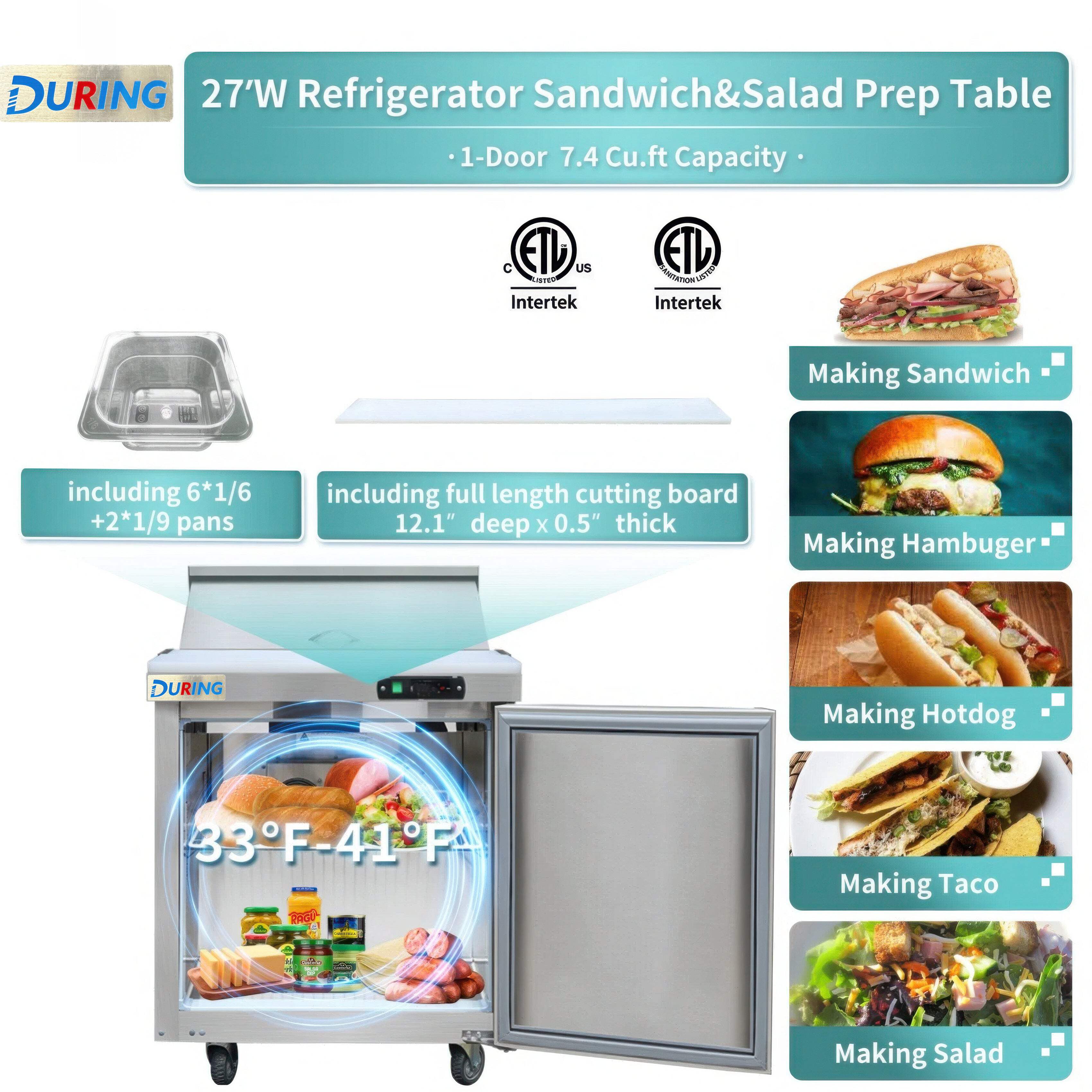 DURING D-KSR-27B 27" 1-Door Sandwich  Salad Prep Table Commercial Refrigerator in Stainless Steel