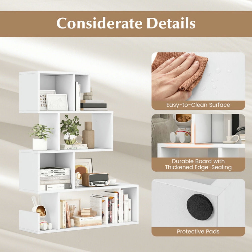 Demi Bonn 5-Tier S-Shaped Bookshelf Geometric Z-Shelf Bookcase with Open Cubes, White