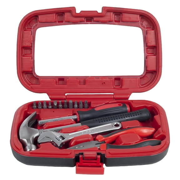 Stalwart 15PC Tool Set with Hammer, Multi-Bit Screwdriver, and More (Red)
