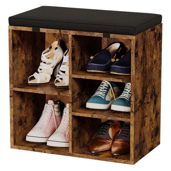 Entryway Shoe Bench with Storage, Shoe Rack with Cushion & Adjustable Shelves - Brown, 20 inch