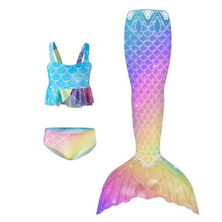Toimothcn Girl s Swimsuit Sleeveless Casual Colorful Fish Scale Printed 3 Piece Tail Bikini Set Quickly Dry Cover Up Swimwear 6-7 Years