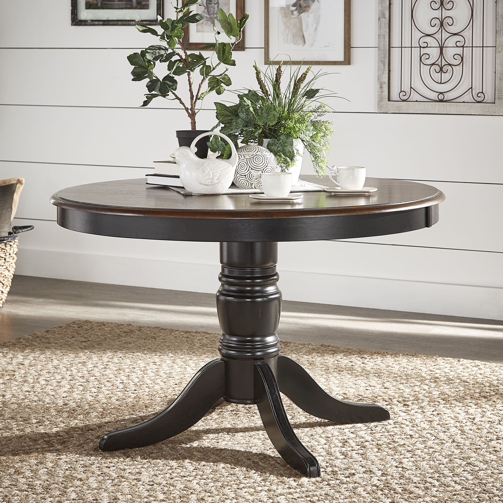 Weston Home Two Tone 48" Round Cherry Finish Top Wood Dining Table, Black Base