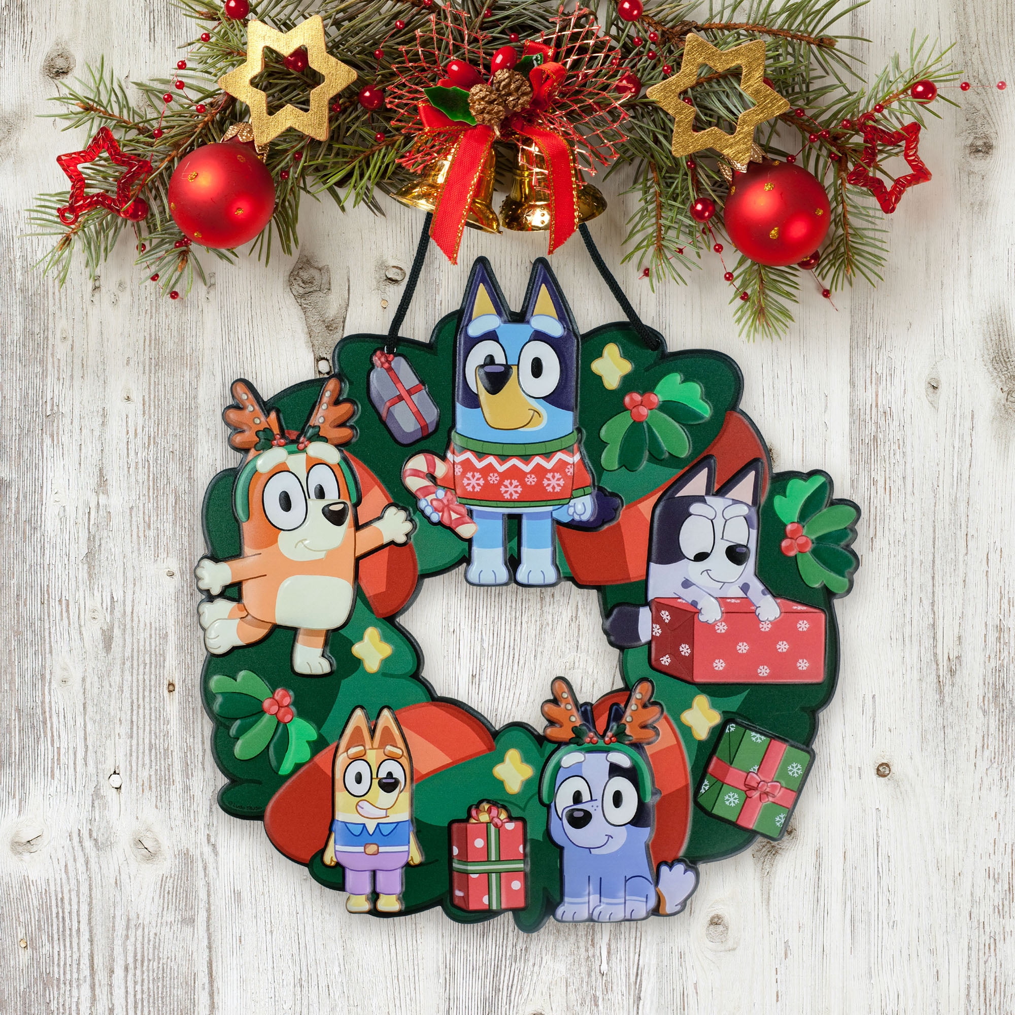Bluey 12.5 inch Metal Christmas Wreath Featuring Merry Family Characters