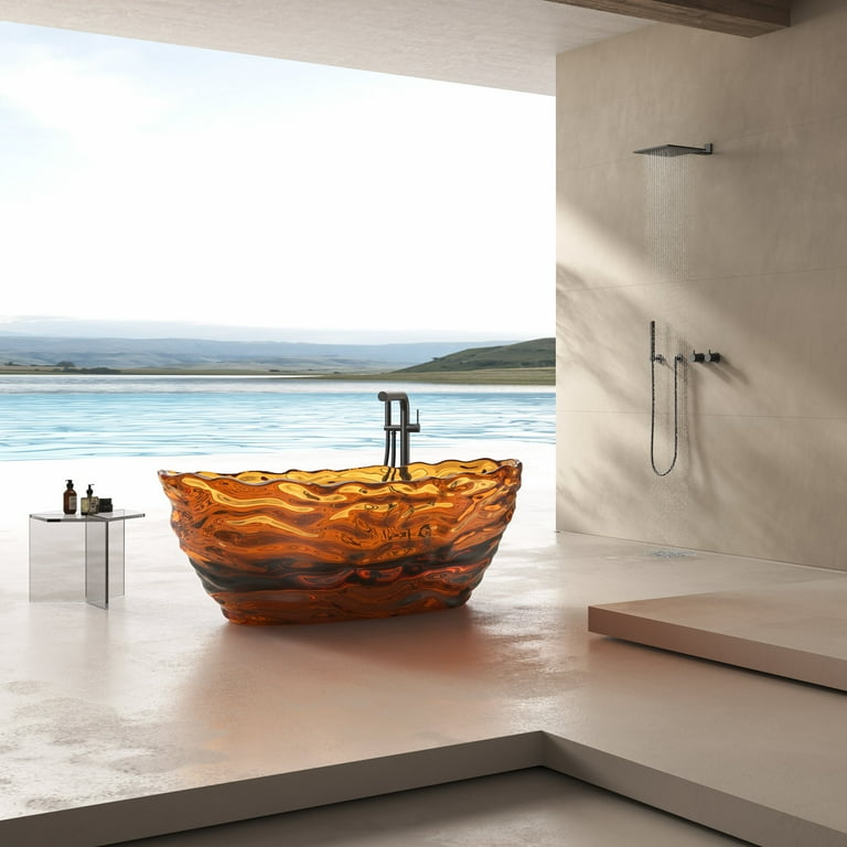 Vanity Art 69 in. x 30 in. Freestanding Oval Soaking Stone Resin Bathtub in Pure Resin Red with Polished Chrome Pop Up Drain