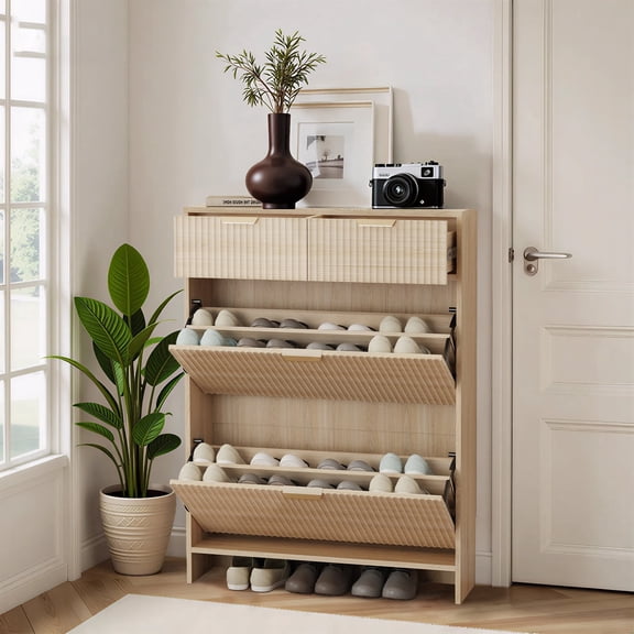 Shoe Cabinet Storage with 2 Drawers & 2 Flip Drawers, Fluted Slim Shoe Cabinet with Adjustable Shelves, Narrow Shoe Rack Cabinet for Entryway (Natural Oak)