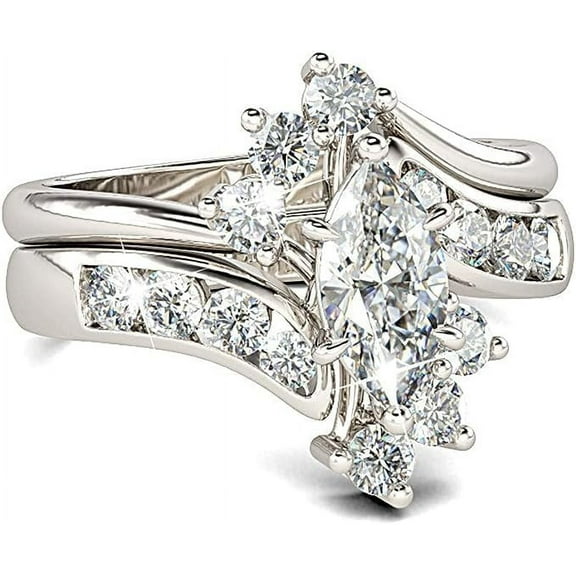 Dazzlingdaimonds Jewels 2.10 Ct Marquise Cut White Diamond Engagement Wedding Thanksgiving Christmas Bridal Ring Set 14K White Gold Plated 925 Sterling Silver For Women's -5