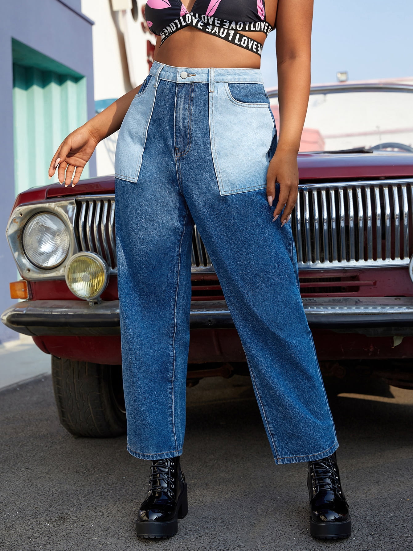 Women's Plus Size Color Block Mom Jeans 