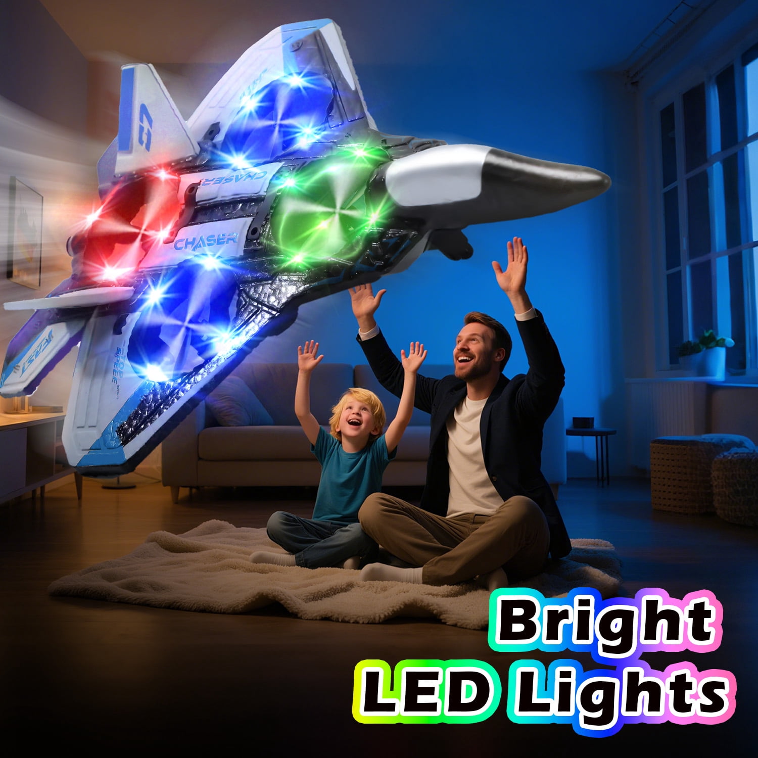 JoyStone Foam Remote Control Airplane, Jet Fighter RC Plane Stunt Drone Toy with LED Lights & 360° Spin, Easy to Fly RC Glider for Kids Adults, Blue