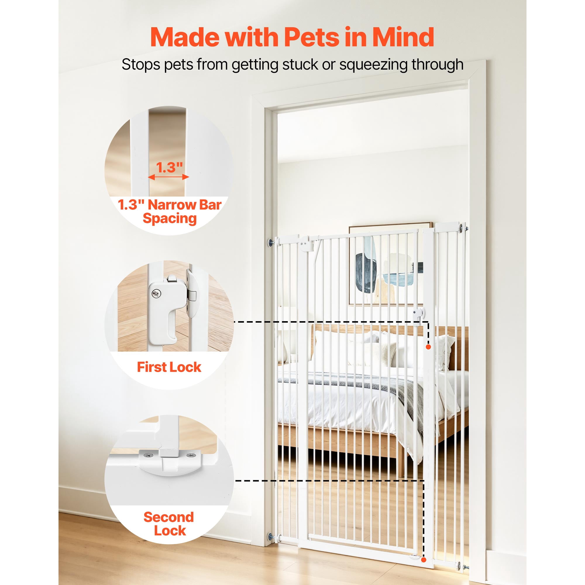 KFFKFF Extra Tall Pet Gate for Cats and Dogs, Adjustable Width 29-41 in, 56 in Height, Includes Pressure and Wall Mount Kits, 1.3 in Narrow Bar Spacing, Suitable for Stairs, Doorways, White