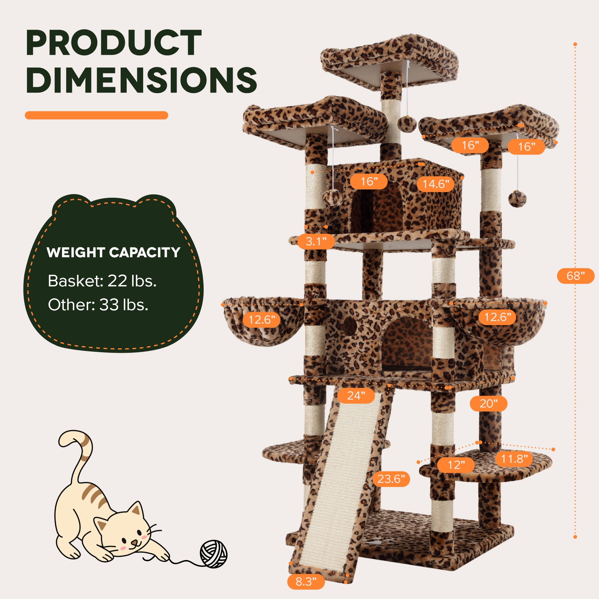 Einfach 68" X-Large Cat Tree and Tower with Condo Houses, Scratching Board & Posts for Indoor Cat, Leopard Print