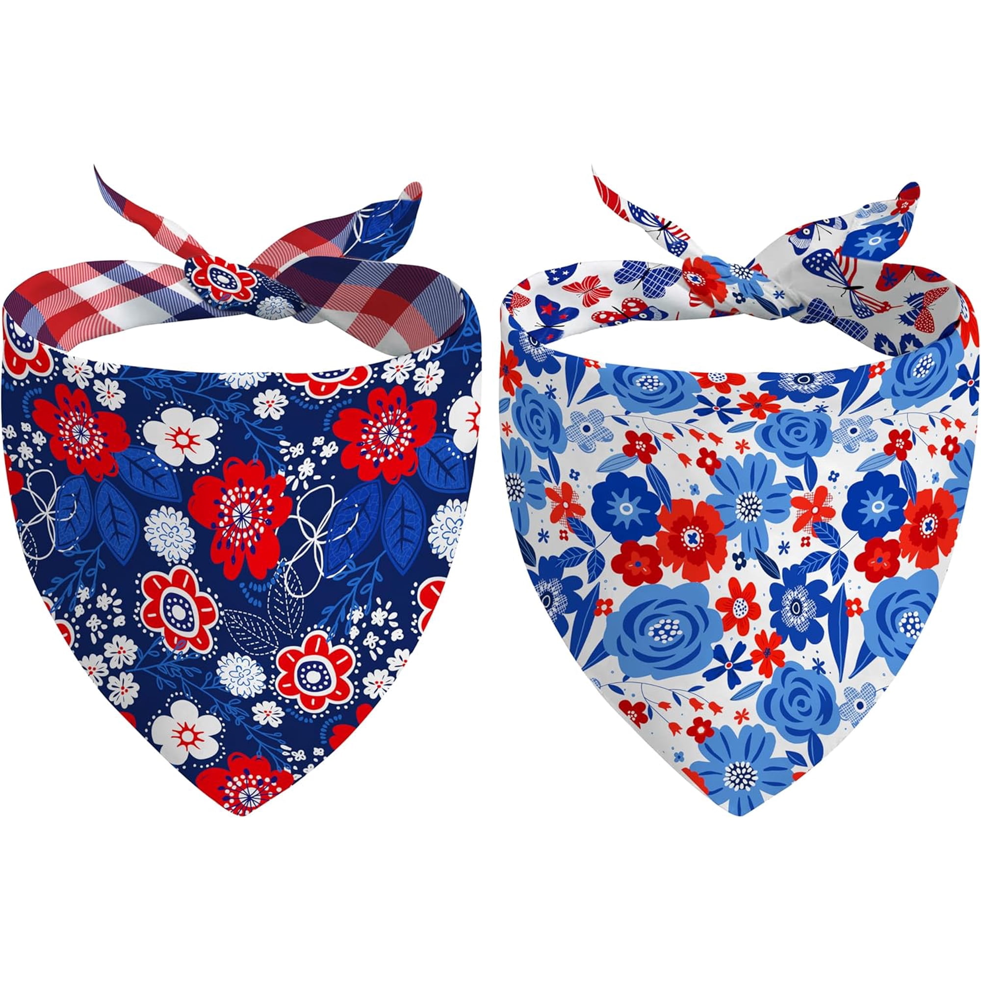 4th of July Dog Bandana Reversible 2 Pack Large Red White and Blue Floral Patriotic Dogs Bandanas Set Adjustable Triangle Holiday Scarves for Memorial Day Medium Large Extra Large Dogs