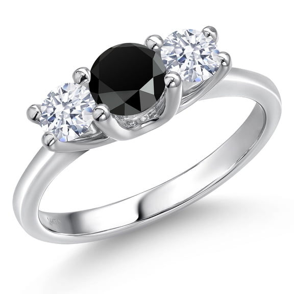 Gem Stone King 14K White Gold Black Onyx & White Zirconia 3-Stone Engagement Ring | 0.98 Cttw | Round 5MM and 4MM | Three Stone Wedding Anniversary Promise Ring for Women (Size 6)