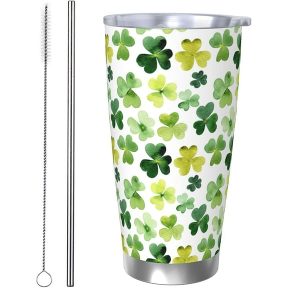 St Patricks Day Tumbler 20oz Watercolor Shamrock Stainless Steel Insulated Tumblers with Lid and Straw Irish Clover Travel Coffee Mug Wine Tea Cups Water Bottle Holiday Gifts for Women