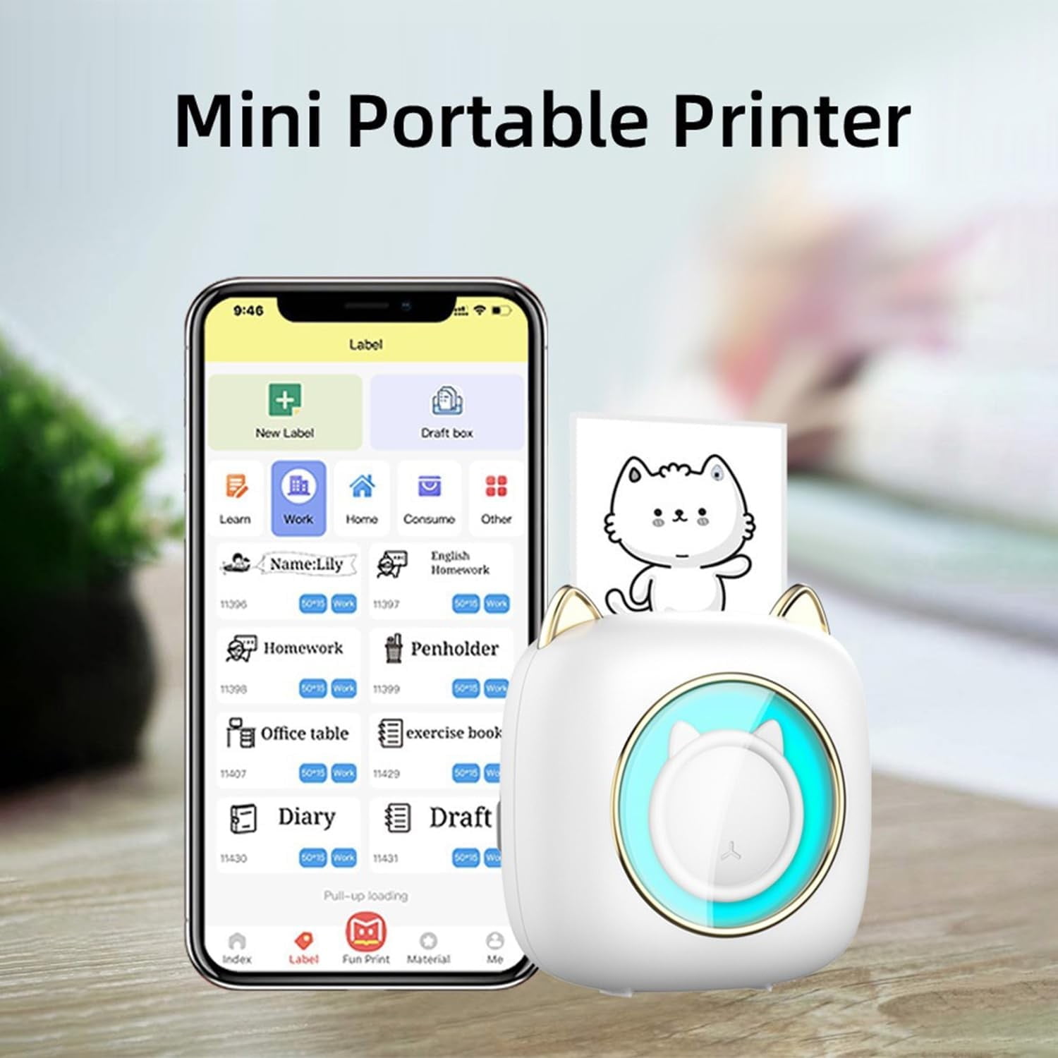 NefLaca Mini Printer, Pocket Bluetooth Thermal Printer Compatible with iOS + Android Portable Wireless Bluetooth Photo Label Stickers RGB Light Kitten Set
