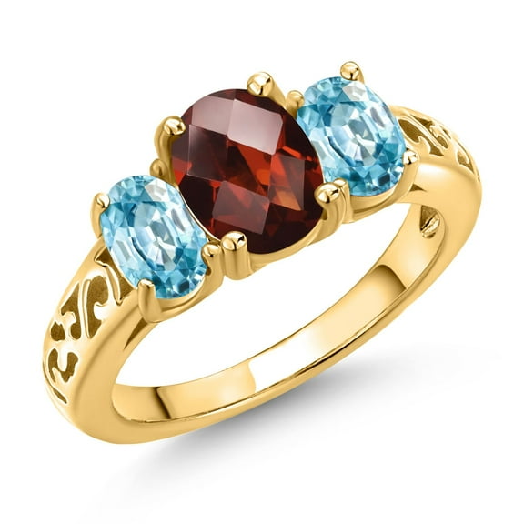 Gem Stone King 18K Yellow Gold Plated Silver Red Garnet and Blue Zircon Filigree Style 3 Stone Ring for Women (2.83 Cttw, Oval 8X6MM and 6X4MM) (Size 5)
