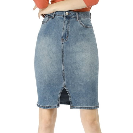 Trim Jean Skirt - Women Slant Pockets Split Trim Washed Denim Pencil Skirt Dress Blue S (US 6)