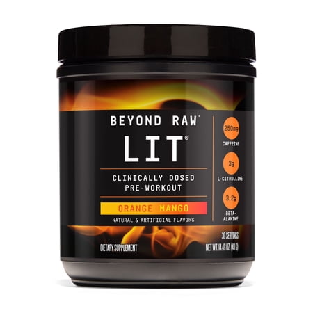 Beyond Raw LIT PreWorkout Powder Supplement For Men and Women, Energy, Focus, Endurance, Pumps, Nitric Oxide Boost, 250mg Caffeine, Creatine, Beta Alanine, Orange Mango, 30 Servings