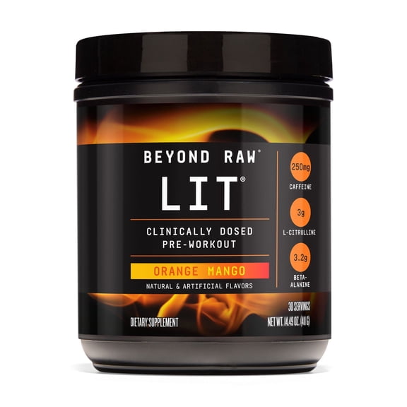 Beyond Raw LIT PreWorkout Powder Supplement For Men and Women, Energy, Focus, Endurance, Pumps, Nitric Oxide Boost, 250mg Caffeine, Creatine, Beta Alanine, Orange Mango, 30 Servings